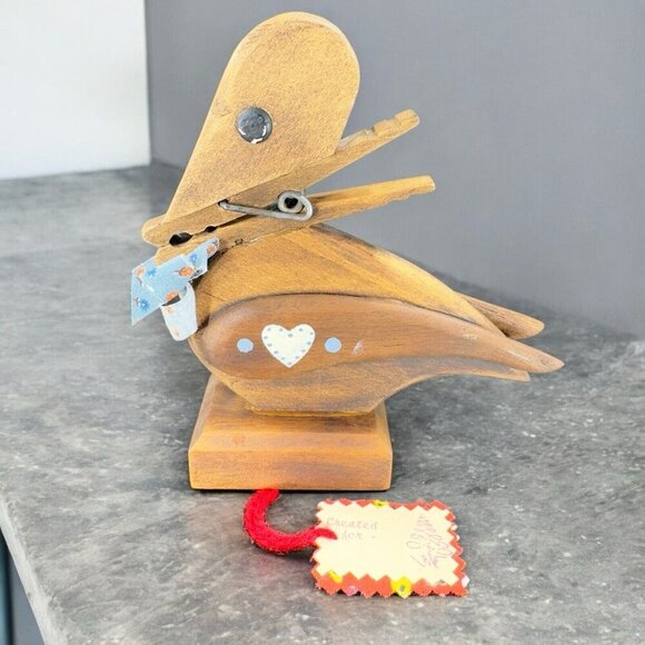 Hand Carved Wooden Duck Clothespin Beak Note Recipe Card Holder Bird Art W Tags - Picture 1 of 14